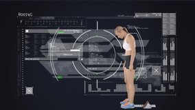 Animation of scopes scanning and data processing with female athlete in starting blocks. global sports, competition technology and digital interface concept digitally generated video.