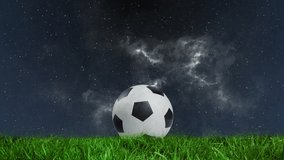 Animation of glowing light passing by football on pitch with stormy clouds. global sports, competition technology and digital interface concept digitally generated video.