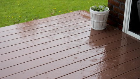 
A brown composite outdoor floor with wood pattern. Heavy rain causes raindrops to fall on the floor. In the background is a green lawn with yellow dandelions. A white large pot with green leaves.