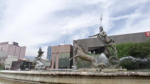 Monterrey, Mexico - 14 June 2021:The Fountain of Neptune or of Life is the central monument of the famous Macroplaza de Monterrey