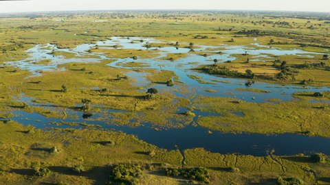 Aerial fly over view of the beautiful scenic waterways and lagoons of the Okavango Delta