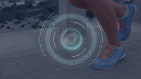 Animation of legs of person running with scope scanning and clock moving fast. global sport, competition, technology, data processing and digital interface concept digitally generated video.
