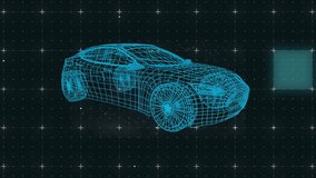 Animation of 3d car drawing and data processing on grid with glitch. global technology, data processing and digital interface concept digitally generated video.