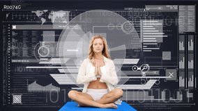 Animation of woman practicing yoga with scope scanning and data processing. global sport, competition, technology, data processing and digital interface concept digitally generated video.