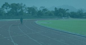 Animation of data processing over disabled male athlete with running blades on racing track. global sports, disability and technology concept digitally generated video.