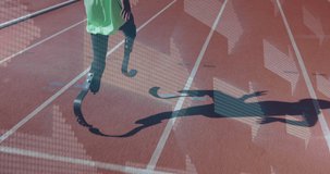 Animation of digital arrows over disabled male athlete with running blades on racing track. global sports, disability and technology concept digitally generated video.