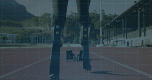 Animation of digital data processing over disabled male athlete with running blades on running track. global sports, competition, disability and digital interface concept digitally generated video.