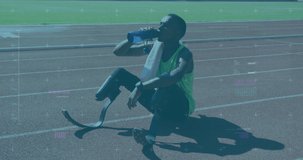 Animation of digital data processing over disabled male athlete with running blades drinking water. global sports, competition, disability and digital interface concept digitally generated video.