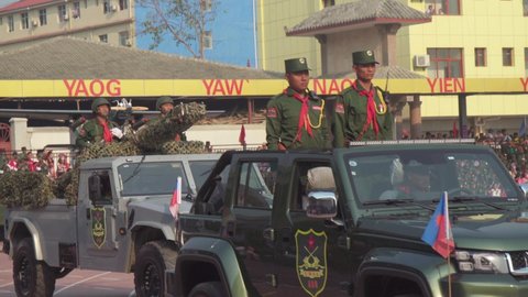 Pangsang , Wa , Myanmar - 04 17 2019: United Wa State Army flex military muscle