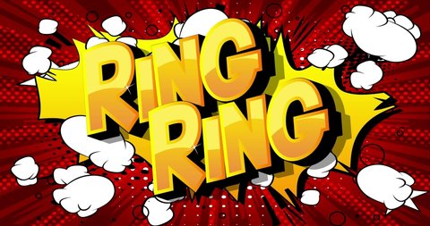 4k animated Ring Ring text on comic book background. Comics alarm clock sound effect. Retro pop art comic style social media post, motion poster.