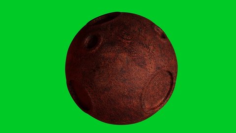 Cartoony metallic Moon rotating on green background. Rusted iron planet. 3D rendering animation in seamless loop.