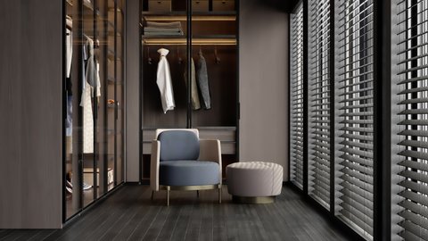 3d Rendering of Luxury Dressing Room With Closet, Armchair And Hassock