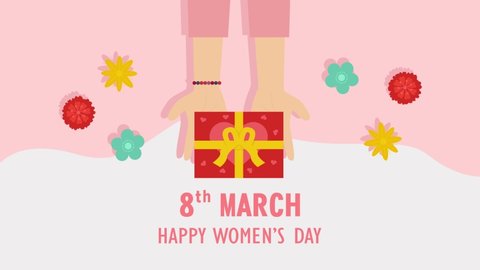Close up of woman hands animation holding a gift box with Happy Women's Day text surrounded by flowers. Cartoon in 4k resolution