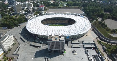 Warsaw , Poland - 08 25 2018: Kiev Stadium. Revealing City Panorama. Aerial View - 08 25 2018: Kiev, Ukraine