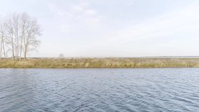Side aerial view of a wide calm river with ripples with green grass shore and blue cloudy sky on the background. Video. Natural countryside landscape with a beautiful river and green meadow.