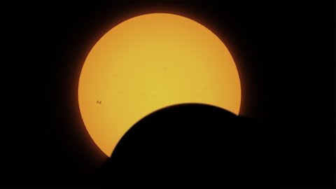 Time lapse of partial solar eclipse. The moon mostly covers the visible sun. Natural phenomenon of near full sun eclipse. Moon cast shadows covering sun. International space station ISS transition.