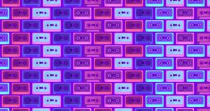 Music cassettes move from left to right on a purple 80s style background. Music cassettes for music tape recorders. Horizontal composition, 4k video quality