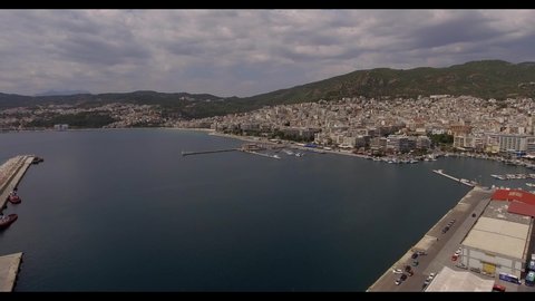 Aerial drone view above Greek town Kavala Port Greece