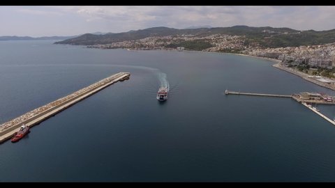 Aerial drone view above Greek town Kavala Port Greece
