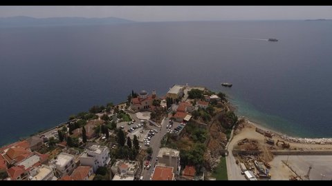 Aerial drone view above Greek Church  Kavala town Greece