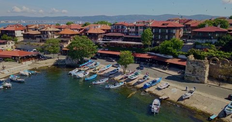 Aerial drone view of the old port of Nesebar located by the Black Sea coast in Bulgaria.