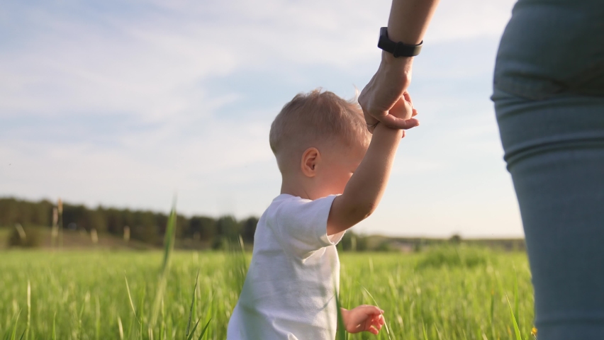 Happy family. Mom holds her kid son by hand in park. Mother and son are walking through park. Kid holds his mother by the hand in the green grass. Happy family concept. Happy kid in the park with mom. | Shutterstock HD Video #1074254381