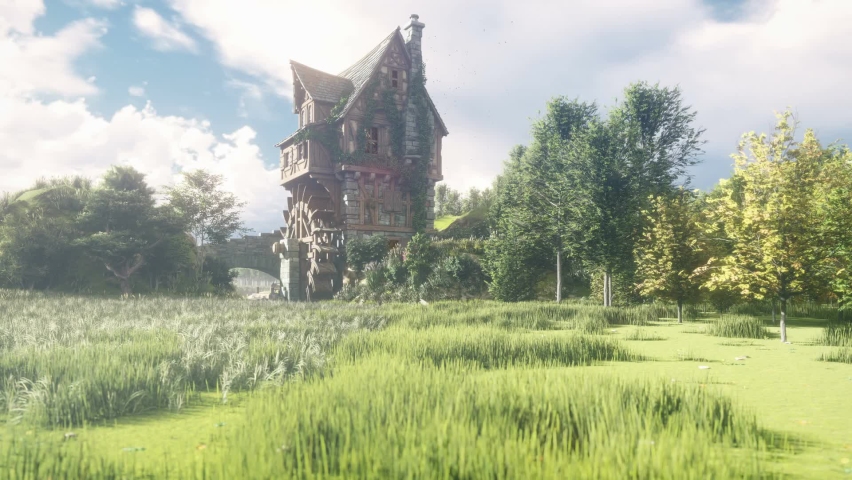 Beautiful countryside with a pond and a water mill