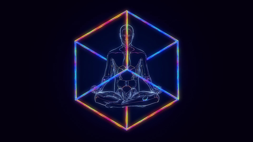 looped 3D animation three cubes rotate around a meditating person Royalty-Free Stock Footage #1074264302