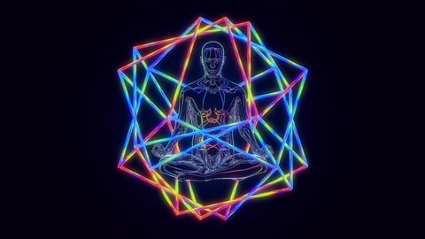 looped 3D animation three cubes rotate around a meditating person