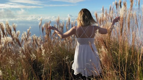 Slow motion camera follows young blonde traveler woman walking in high grass by mountain peak with ocean view. Inspirational romantic travel footage at sunset. Adventure travel in nature wilderness