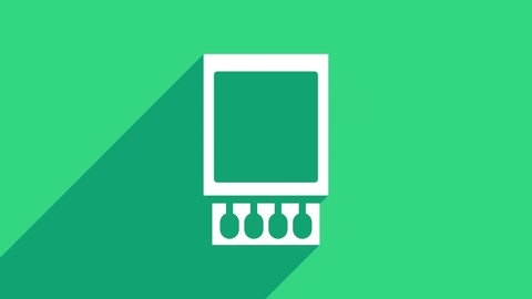 White Open matchbox and matches icon isolated on green background. 4K Video motion graphic animation.