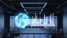 Global financial report, currency rate statistics, Earth rotation visualization. Dynamic hi-tech HUD. Falling and rising charts, graphs. Office interior on background. Business animation. 3D Render 4K - Powered by Shutterstock - Get 15% off with code: PIKWIZARD15