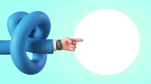 3d animation, funny cartoon character tangled hand appears and points to blank round price tag. Best offer recommendation concept. Business concept isolated on blue background