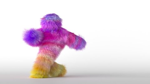 3d colorful hairy cartoon character jumps from side to side. Furry toy is having fun. Funny dance moves.
