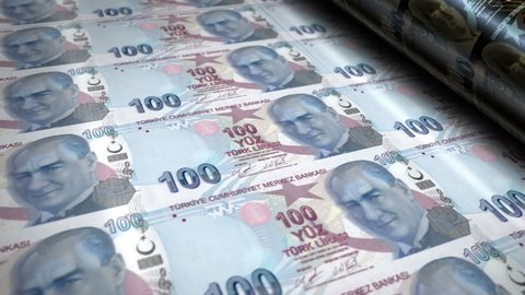 Turkish lira money banknotes printing roll machine. Paper TRY bank note print 3d looping seamless. Abstract concept of banking, debt, income, finance, economy and crisis in Turkey.