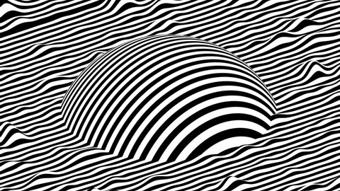 Black and white stripes waving surface with moving sphere shape on top of it. Modern isometric background loop animation. 3D rendering.