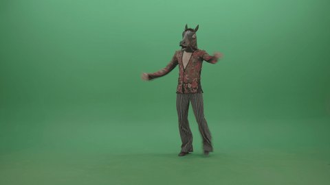 Funny dancing Horse Man showing ballroom dance. A man in Latino styled ballroom dancing suit and horse mask perform on a green screen studio.