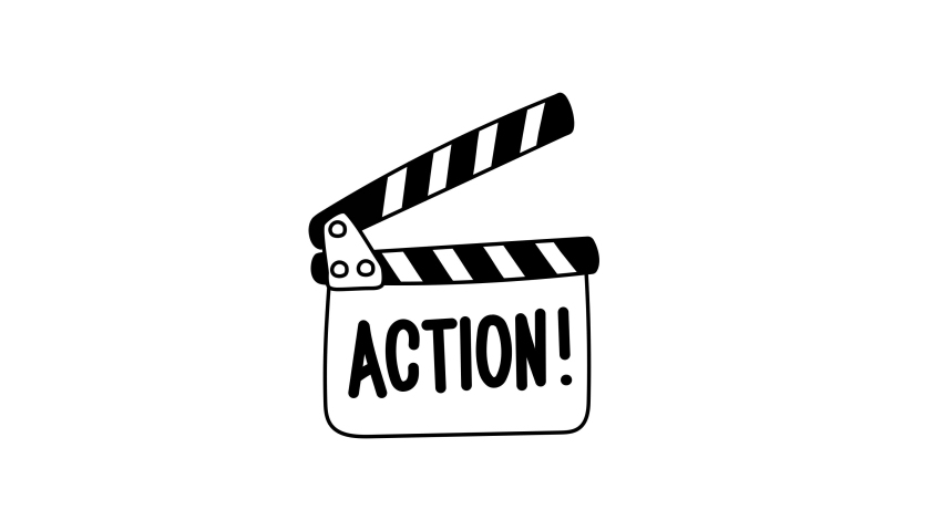 Movie clapperboard open and close. Animation of movie clapper icon. Freehand line dark ink hand drawn sketch film clapper for cinema production. Front closeup view with word. Action. Alpha Channel. 4K | Shutterstock HD Video #1074299534