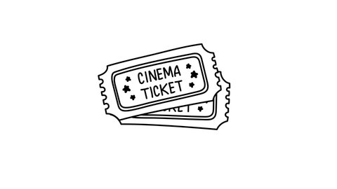 Animation of two cinema tickets. Flat hand drawn cinema ticket. Sketch icon movie entrance ticket. Template admission pass mockup or performance coupon. Art design of pair tickets. Alpha Channel. 4K.