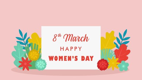 Happy Women's Day text animation on the banner surrounded by flowers and heart symbol. Cartoon in 4k resolution