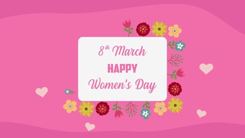 Happy women's day text animation with colorful flowers and butterfly on pink background. Cartoon in 4k resolution