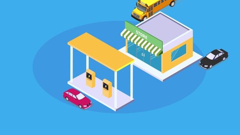 Petrol gas station animation with cars and bus fueling gas. Cartoon in 4k resolution