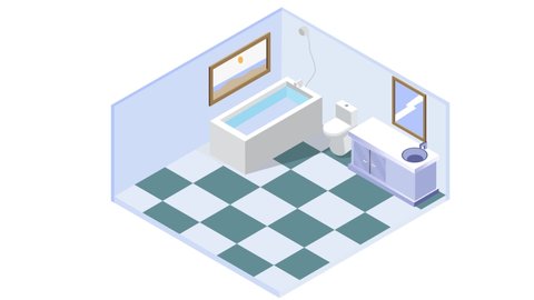 Empty modern bathroom interior with bathtub, shower and, sink. Cartoon in 4k resolution