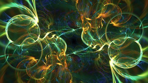 Multicolored transparent luminous bubbles rotating around centre, combining, dividing, changing shape. Abstract moving background of mirroring fractal forms transformation. 4K UHD 4096x2304