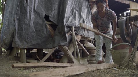 Imphal , Manipur , India - 04 15 2019: Manipuri woman uses homemade axe to chop dry firewood in rural India
