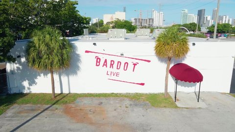 Miami , United States - 02 20 2021: Aerial view of the Bardot live, Wynwood, Miami, sunny day - pull back, drone shot