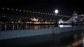View of Tower Bridge and Tower Of London at night in London, empty pier during Covid-19 Coronavirus pandemic lockdown, fairylights by river Thames - Powered by Shutterstock - Get 15% off with code: PIKWIZARD15