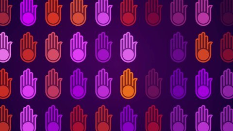 Abstract Motion Purple Sweet Shiny Fractal Transparent Jain Symbol Hand With A Wheel On The Palm Grid Pattern Background, Last 10 Seconds Seamless Loop