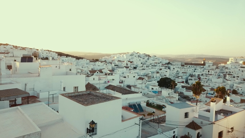 Aerial view of Vejer de la Frontera hilltop white town in the province of Cadiz, Andalusia on the right bank of the river Barbate. Royalty-Free Stock Footage #1074318710