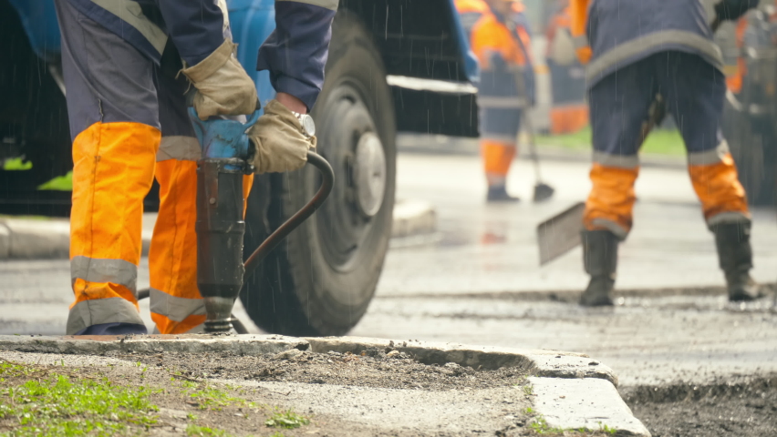 Road repair industry asphalt construction traffic transport Royalty-Free Stock Footage #1074322427